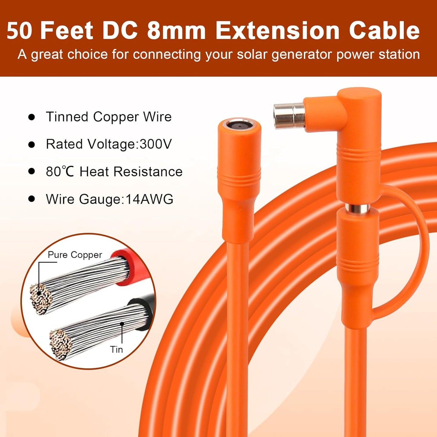 14AWG DC 8mm Extension Cable for Solar Panel 50FT,DC7909 Solar Panel Cable Female to Male with DC8020 Male Adapter Compatible with Aker,GZ Yeti,BLUETT,Jackery Portable Power Station - 50 Foot