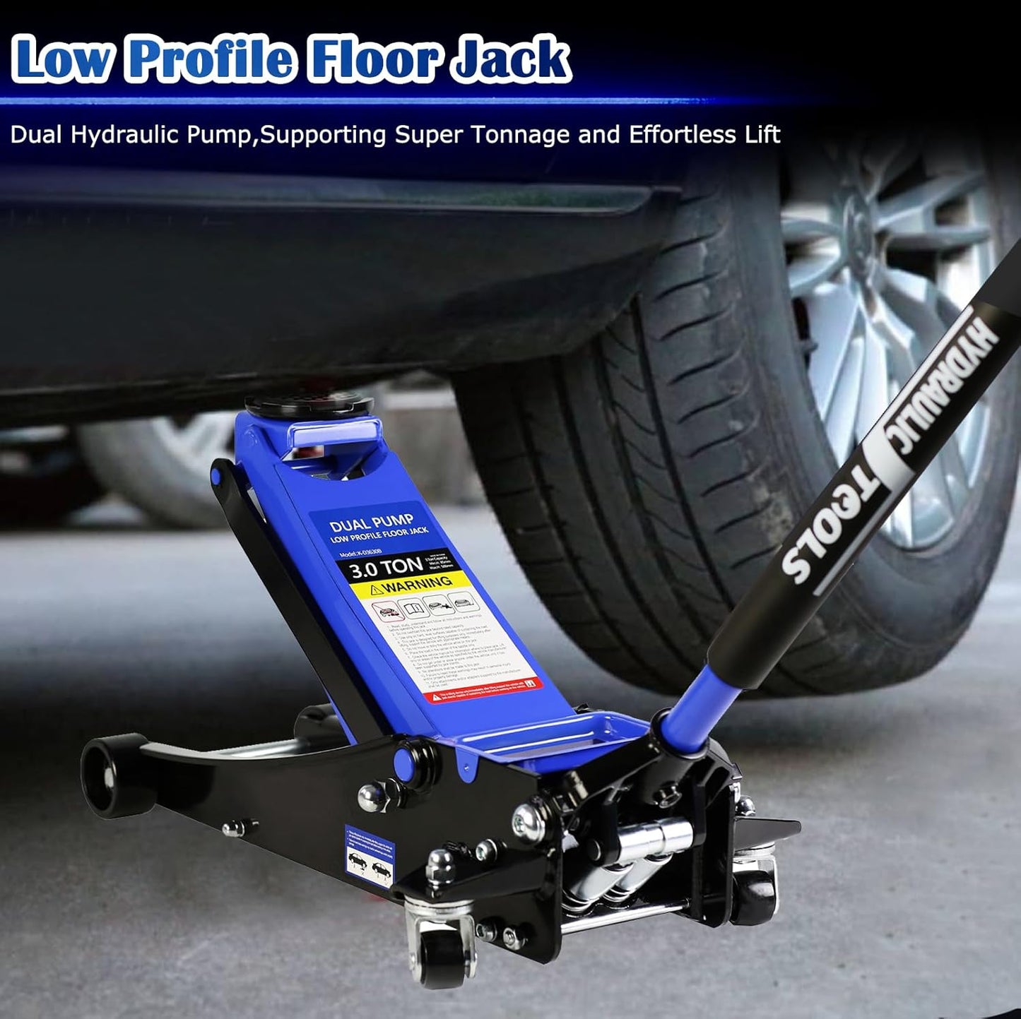 3 Ton Low Profile Floor Jack, Professional Low Profile Hydraulic Jack, Heavy Duty Steel Racing Floor Jack with Dual Piston Quick Lift Pump, 3 Ton (6,600 lb) Capacity, Lift Range 3.3"-18.5"