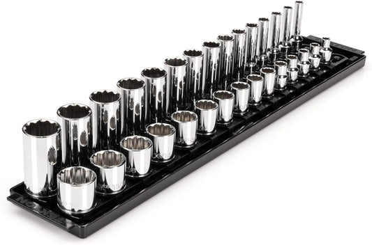 TEKTON 3/8 Inch Drive 12-Point Socket Set with Rails and Tray, 30-Piece (1/4-1 in.) | SHD91210