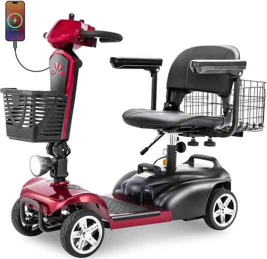 15/30/50Miles Eldryvon EV02 4 Wheels Electric Mobility Scooter for Seniors, Dual Basket, 350W Powered Wheelchair with Rotating Seat, Foldable Motorized Scooter for Adult with USB Port, 300Lbs Capacity