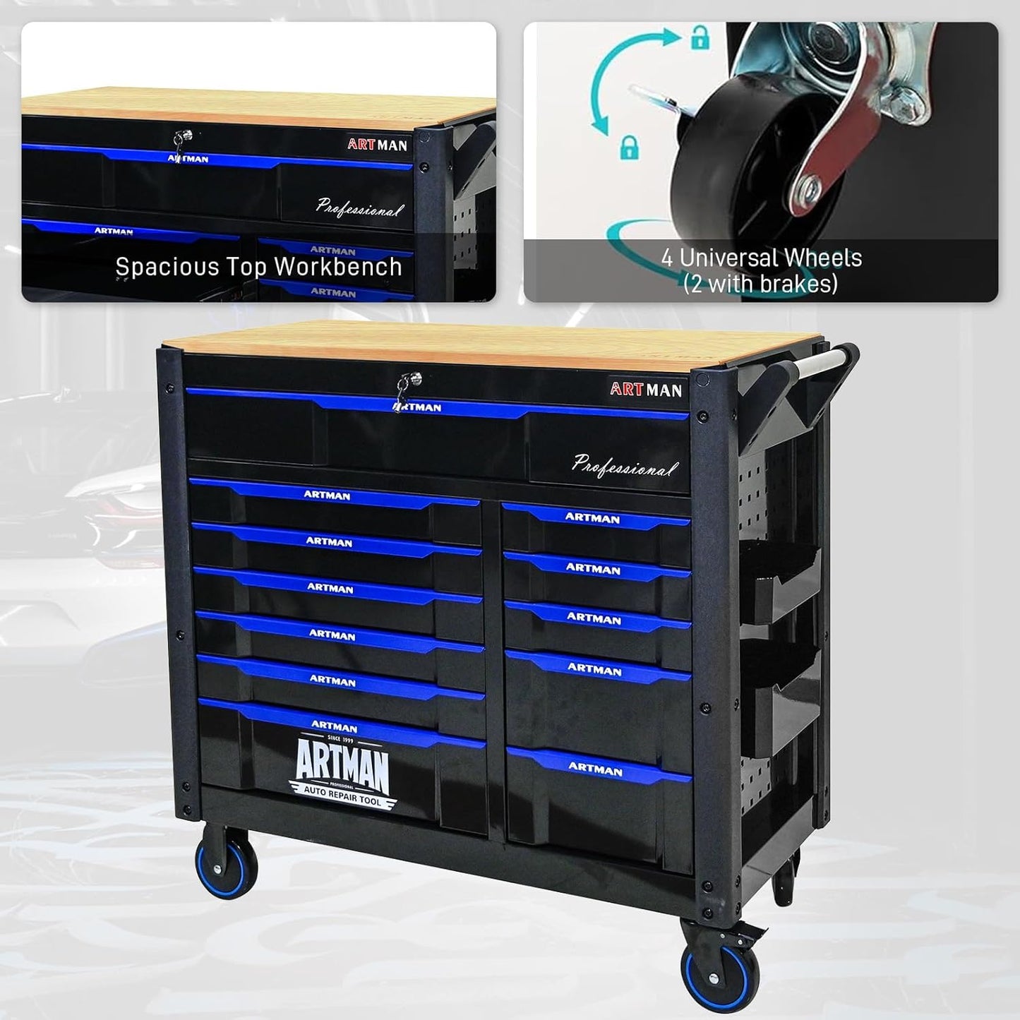 Rolling Tool Chest on Wheels, Heavy Duty Metal Tool Cabinet Chest with 12 Drawers, Wooden Workbench Top, Large Tool Cart for Warehouse, Garage, Workshop, Repair Shop, Tool Organizer Chest