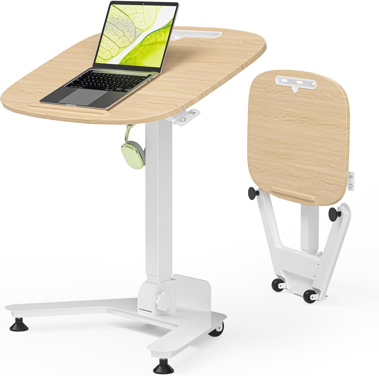 Rolling Desk Adjustable Height with Drawer and Wheels, Portable Small Standing Desk Pneumatic for Home Office, Mobile Computer Laptop Desk Cart, Medical Sofa Overbed Table, Oak