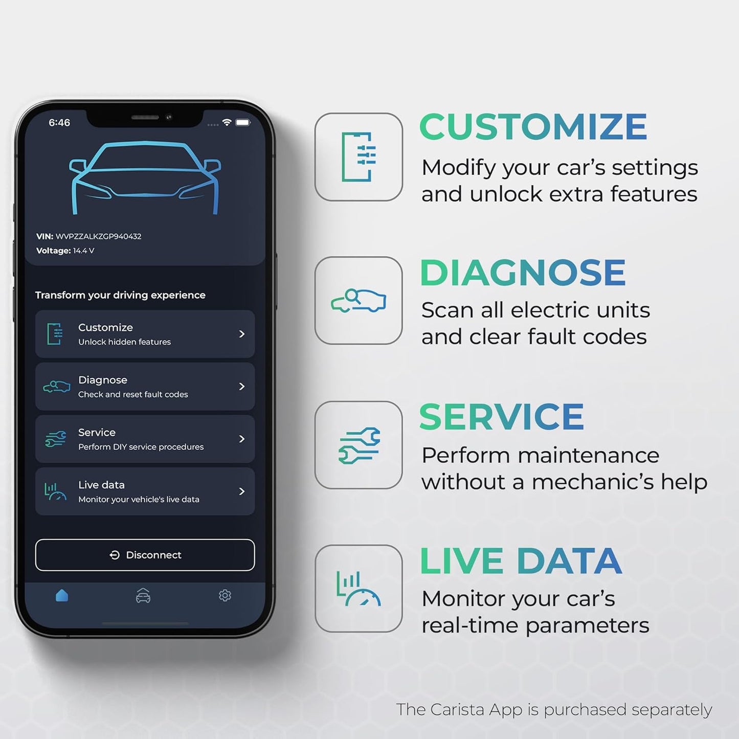 Carista OBD - Bluetooth OBD2 Scanner - Car Scanner Diagnostic Tool and Code Reader with Access to Diagnostics, Customizations, Service Tools, and Live Data - Subscription Required