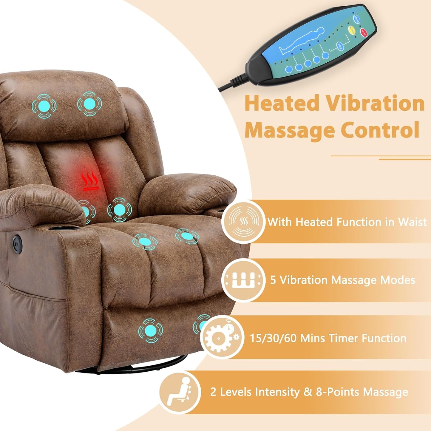 360° Swivel Glider Rocking Recliner Chair, Overstuffed Manual Massage Recliner with Heat and Vibration, Single Modern Sofa Home Theater Seating for Living Room, USB Ports/Cup Holders (Brown)