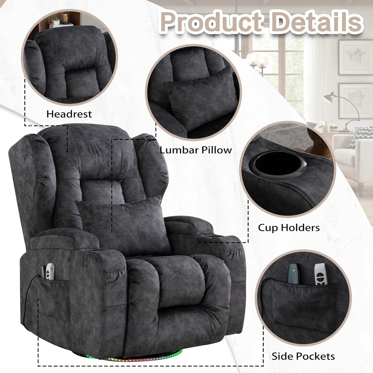 SENIFIS Velvet Grey Modern Swivel Glider Recliner Chair, 270 Rotation & 30 Rocking, Power Reclining, Massage & Heat, USB, LED Light, Cup Holder, Lumbar Pillow, Adult Living Room Chair