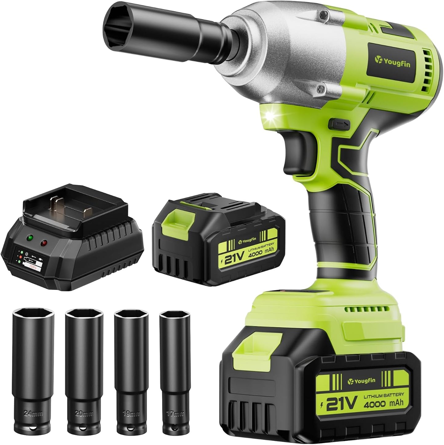 Yougfin Cordless Impact Wrench 1/2 inch for Lug Nuts, 20V Brushless Power Impact Gun Kit 400N.M, 4.0 Ah Battery Powered Impact Driver Heavy Duty, Electric Impact Wrench for Car Home