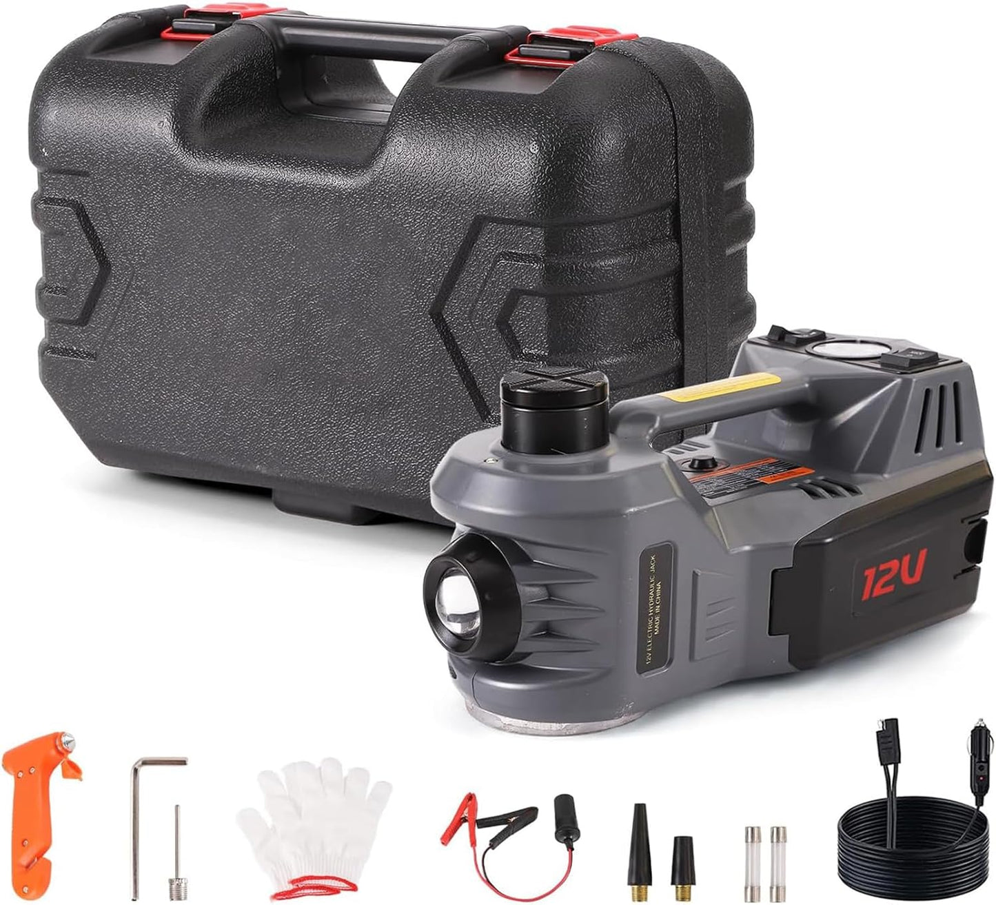 STANDTALL Electric Car Jack Quick Lifting Safe and Portable with Tire Inflator and LED Light Complete Set of Accessories 12V Hydraulic Floor Jack