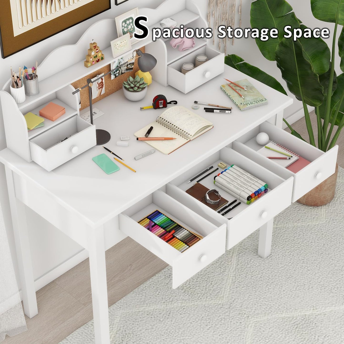 White Writing Desk with Hutch and Drawers, 36 Inch Home Office Desk with Charge Station, Computer Work Station with Storage Shelf
