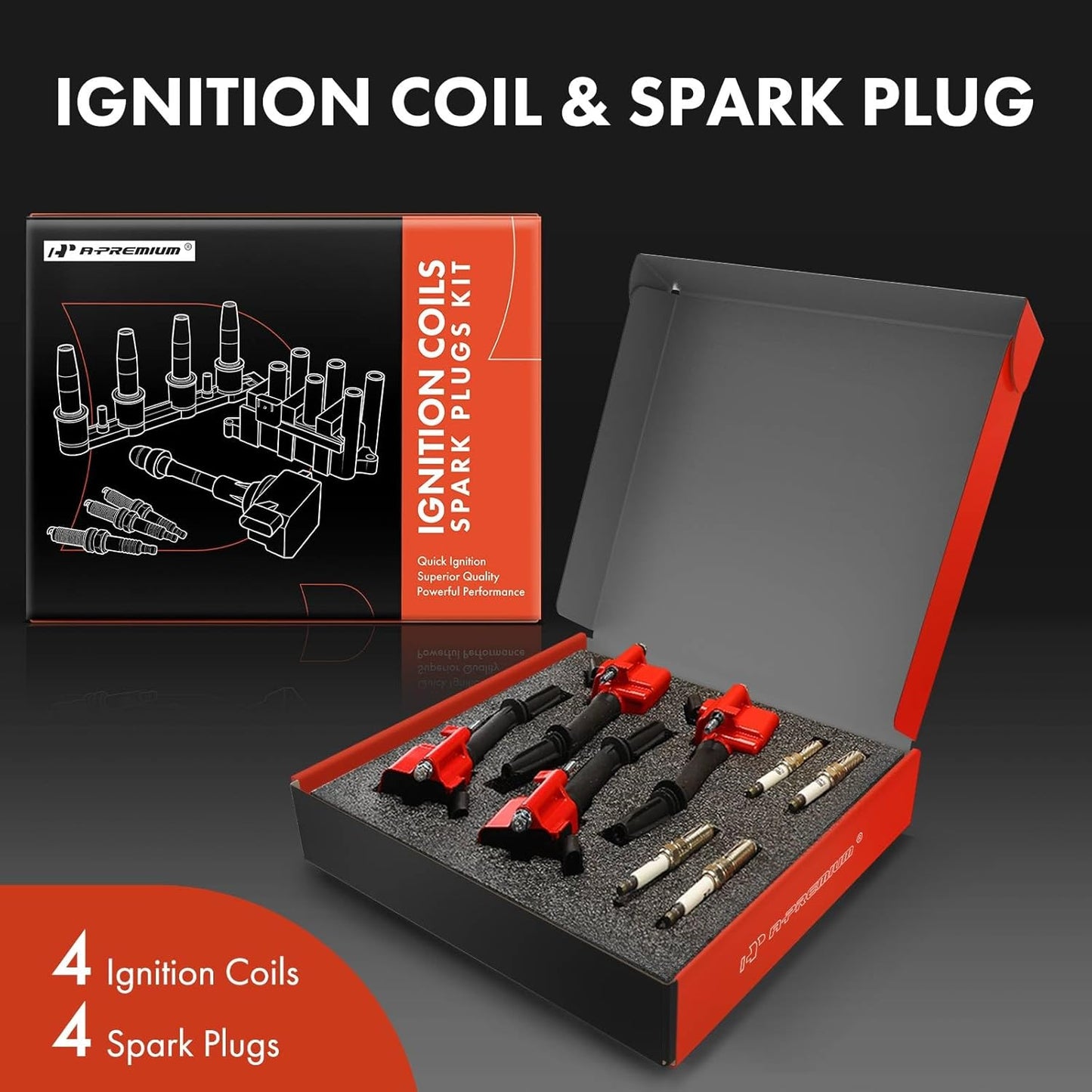 A-Premium (Red) Set of 8 Ignition Coil Pack and Iridium Spark Plugs Compatible with Chevrolet Equinox 2018-2024, Malibu 2016-2024, Cruze 2016-2019, Trax 2022 & GMC Terrain 2018-2023 & Buick Encore