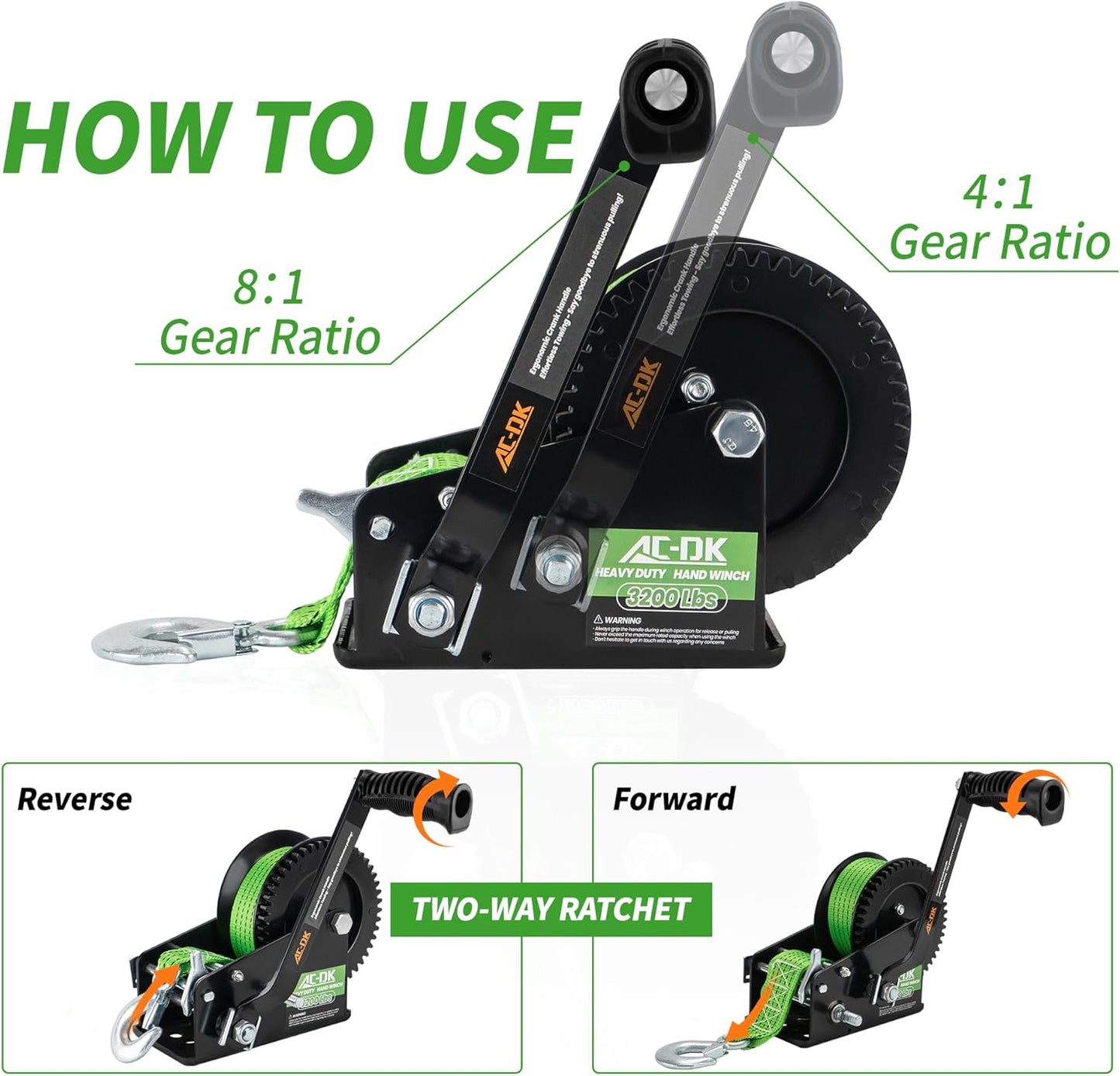 AC-DK 3200lbs Heavy Duty Boat Trailer Winch with 32FT Strap，2-Way Ratchet 4:1/8:1 Gear Trailer Winch，Portable Hand Crank Winch for Boat, Truck, Trailer, RV, ATV, Jet Ski