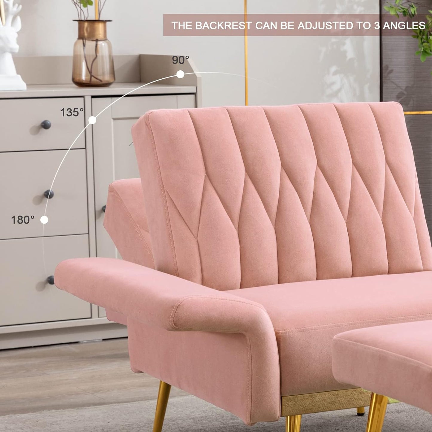 Velvet Accent Chair with Ottoman Modern Upholstered Tufted Armchair, Comfy Single Sofa Chair with Golden Metal Legs and Adjustable Arms for Living Room Bedroom Reading Room Office Pink