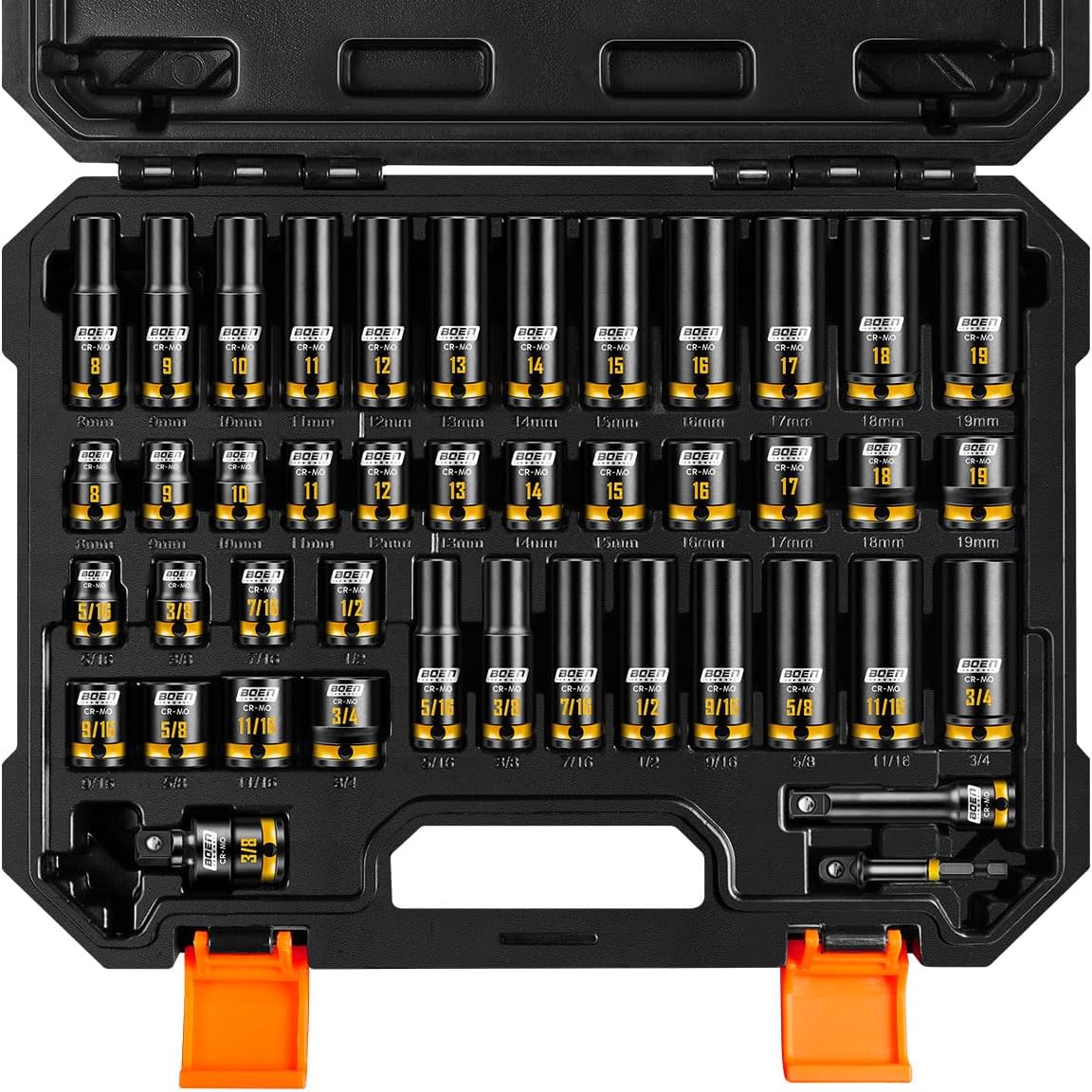 BOEN Pro 3\/8&#34; Drive Impact Socket Set, 43-Piece SAE(5\/16&#34;-3\/4&#34;) &amp; Metric(8-19mm) set, 6-Point Deep &amp; Shallow Kit with Deep Embossed and Painted Marking, CR-MO, Includes Extension Bar, Universal Joint