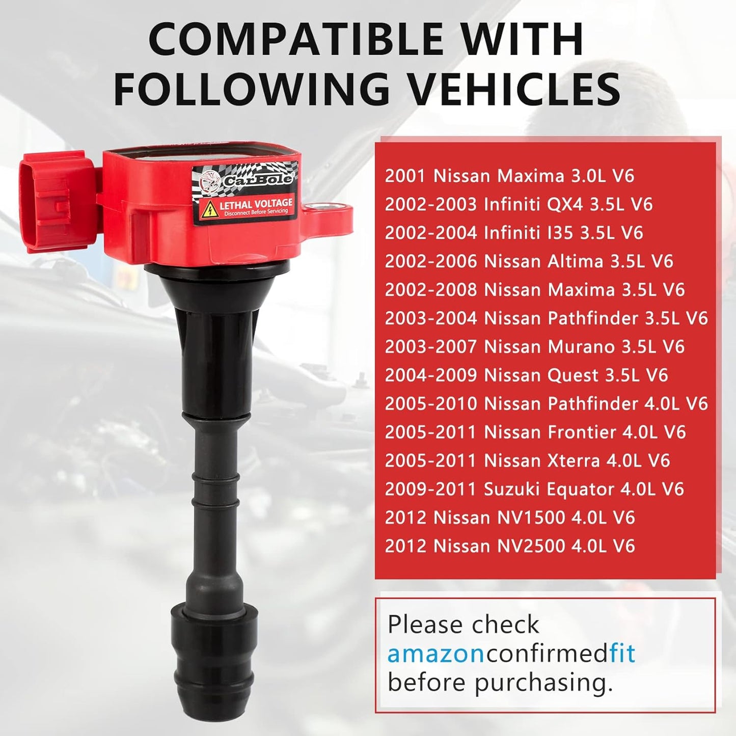 CarBole Iridium Spark Plug and Ignition Coils, Replacement for Nissan Maxima Altima Xterra Frontier, Infiniti QX4 I35, Suzuki Equator 3.0L 3.5L 4.0L V6, (OE: UF349, 5018)