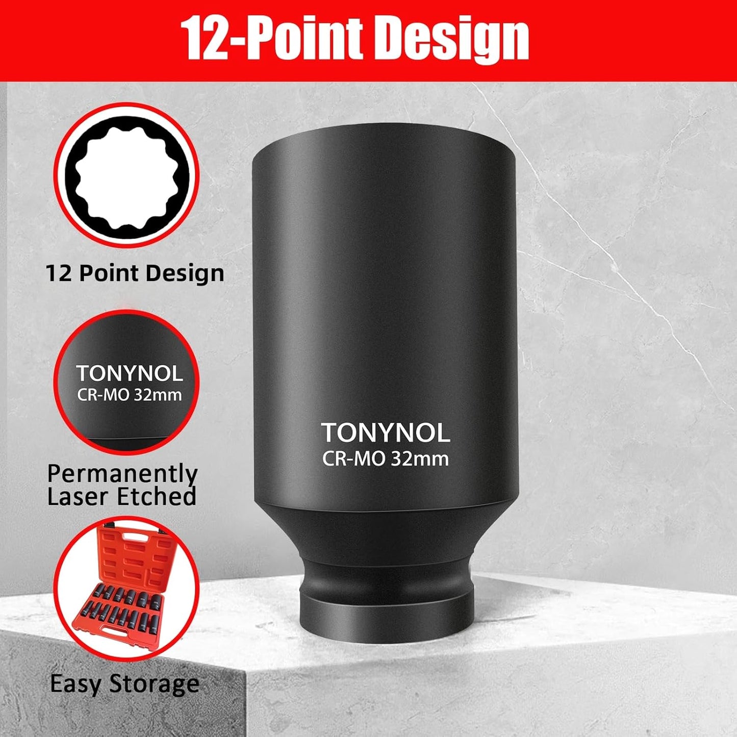 1/2 Inch Deep Drive Impact Socket Set,12-Point,Metric (10mm-32mm),14 Pcs,Cr-Mo Steel,With a Storage Case