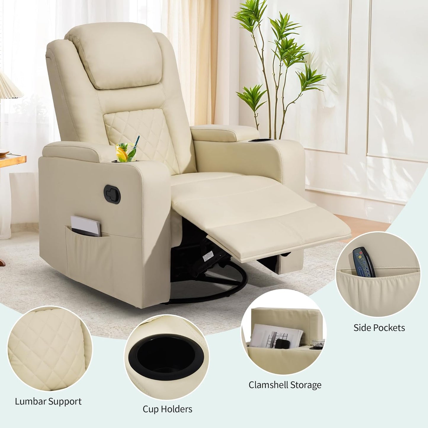 YITAHOME Swivel Rocking Recliner with Massage and Heat, Hidden Arm Storage, Faux Leather Rocker Recliner Chairs with Cup Holders, Comfy Home Theater Seating, Manual Recliner for Living Room, Beige2