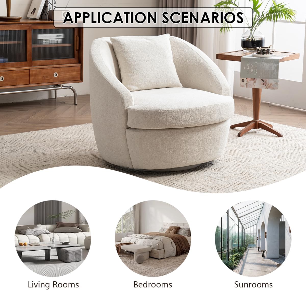 Rowill 360° Swivel Accent Chair, Modern Upholstered Boucle Fabric Single Armchair with Back Pillow, 33” Wide Cozy Round Barrel Living Room Chair for Bedroom, Reading Nook, Club Nursery, White