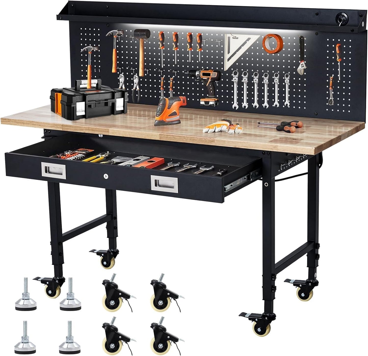 Workbench 60" x 22" Adjustable Height Worktable, Heavy Duty Rubber Wood Top, 2000 LBS Load Capacity, Tool Storage Workstation with Drawer, Pegboard, Power Outlets & Lockable Wheels, with Drawer Back