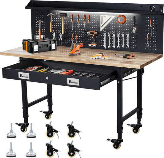 Workbench 60" x 22" Adjustable Height Worktable, Heavy Duty Rubber Wood Top, 2000 LBS Load Capacity, Tool Storage Workstation with Drawer, Pegboard, Power Outlets & Lockable Wheels, with Drawer Back