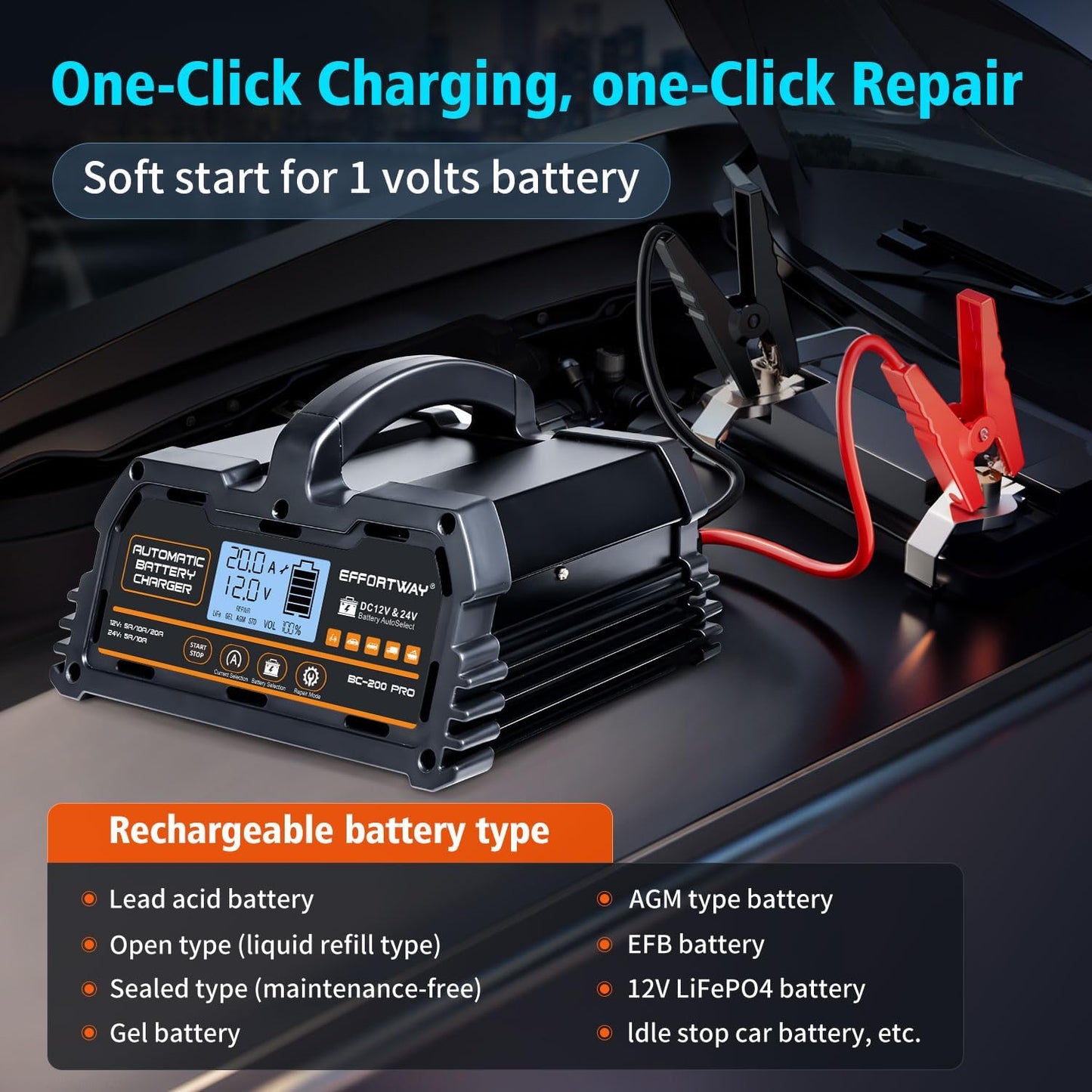20A 12V/24V Battery Charger,Lead Acid Charger, 12V LiFePO4 Charger. Smart Battery Charger with Trickle Charge.Car Battery Maintainer with LCD Display. Suitable for Trucks,AMG,Motorcycles