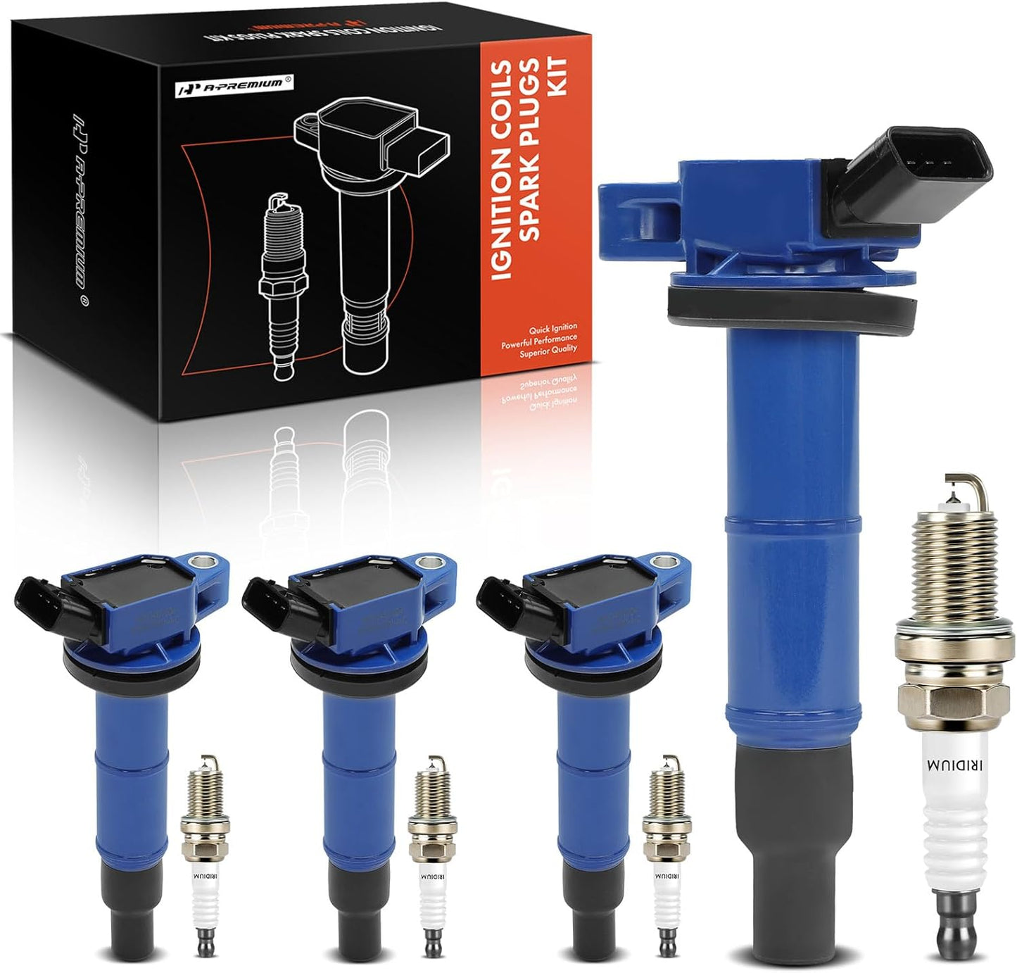 A-Premium (Red) Set of 8 Ignition Coil Pack and Iridium Spark Plugs Compatible with Toyota Camry, RAV4, Corolla, Highlander, Matrix, Solara & Scion tC, xB & Lexus HS250h & Pontiac Vibe, 2.0L 2.4L