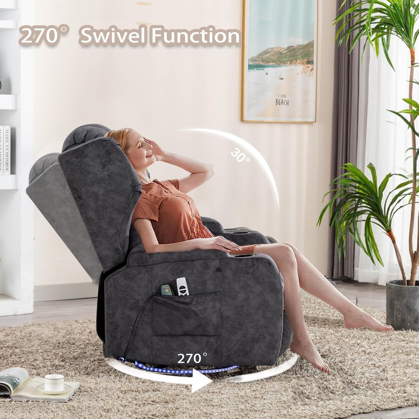 SENIFIS Velvet Grey Modern Swivel Glider Recliner Chair, 270 Rotation & 30 Rocking, Power Reclining, Massage & Heat, USB, LED Light, Cup Holder, Lumbar Pillow, Adult Living Room Chair