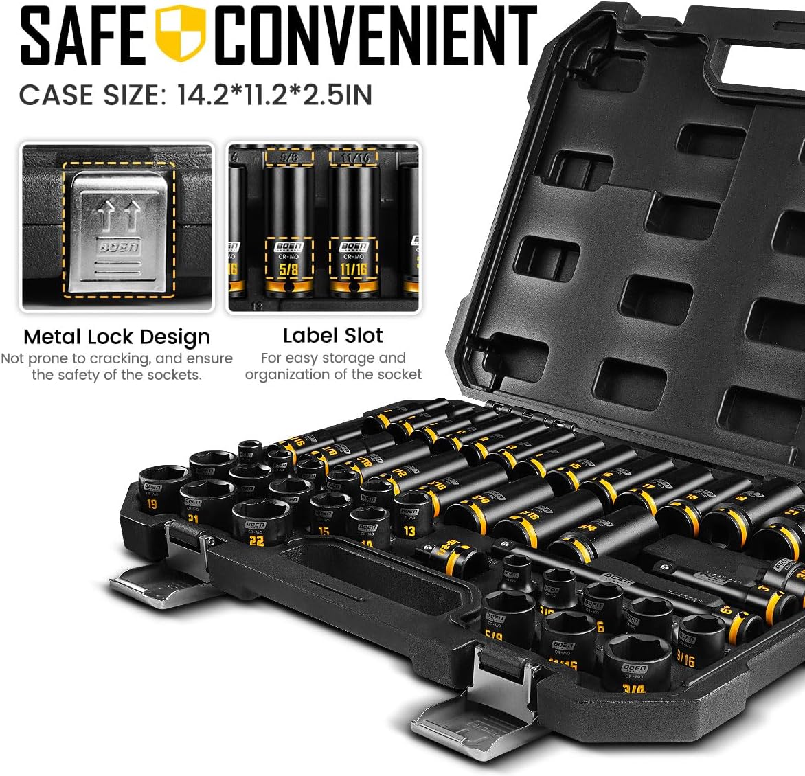 boen 3/8" Drive Impact Socket Set, 48-Piece Metric & SAE Size (8-22mm & 5/16"-3/4"), 6-Point Deep & Shallow Socket Set with Extension Bars, Adapter and Universal Joint, CR-MO Steel