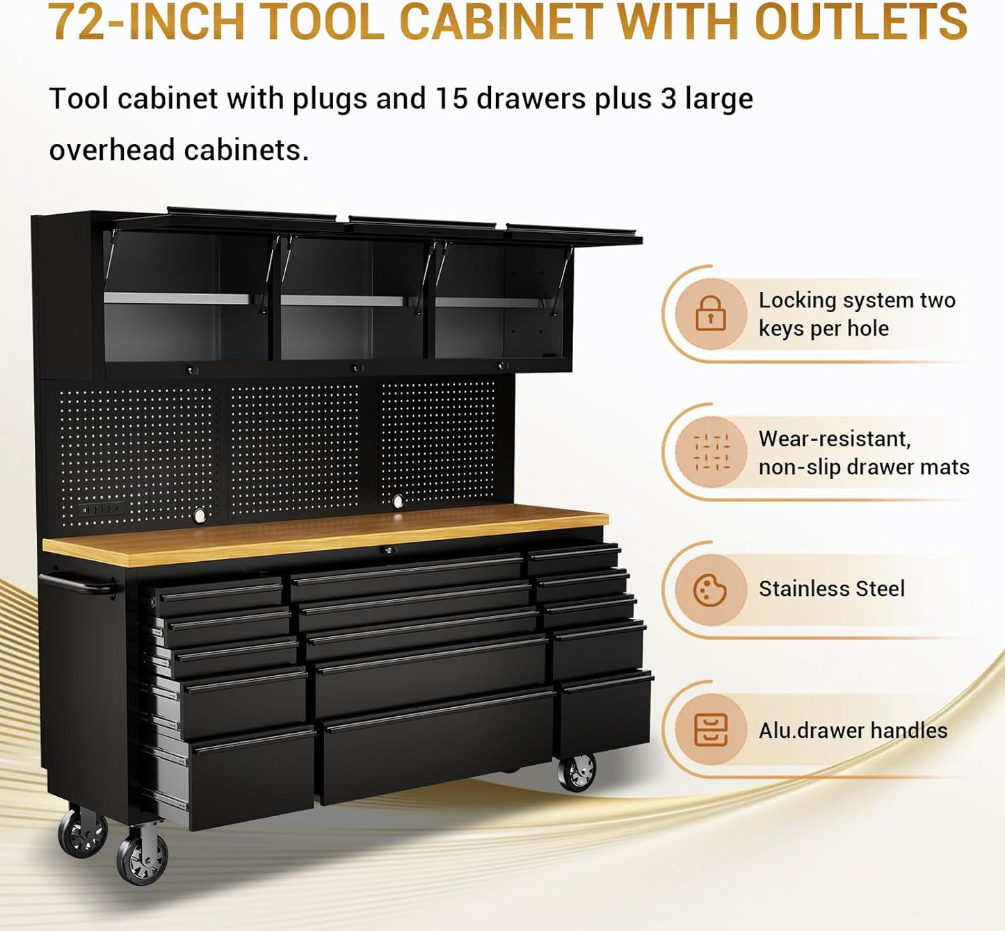 CHETTO C 72-inch Rolling Tool Chest Cabinet Mobile Workbench with 15 Storage Drawers and Wheels 3 Uper Cabinet Outlet SS Pegboard Black Tool Box for Garage