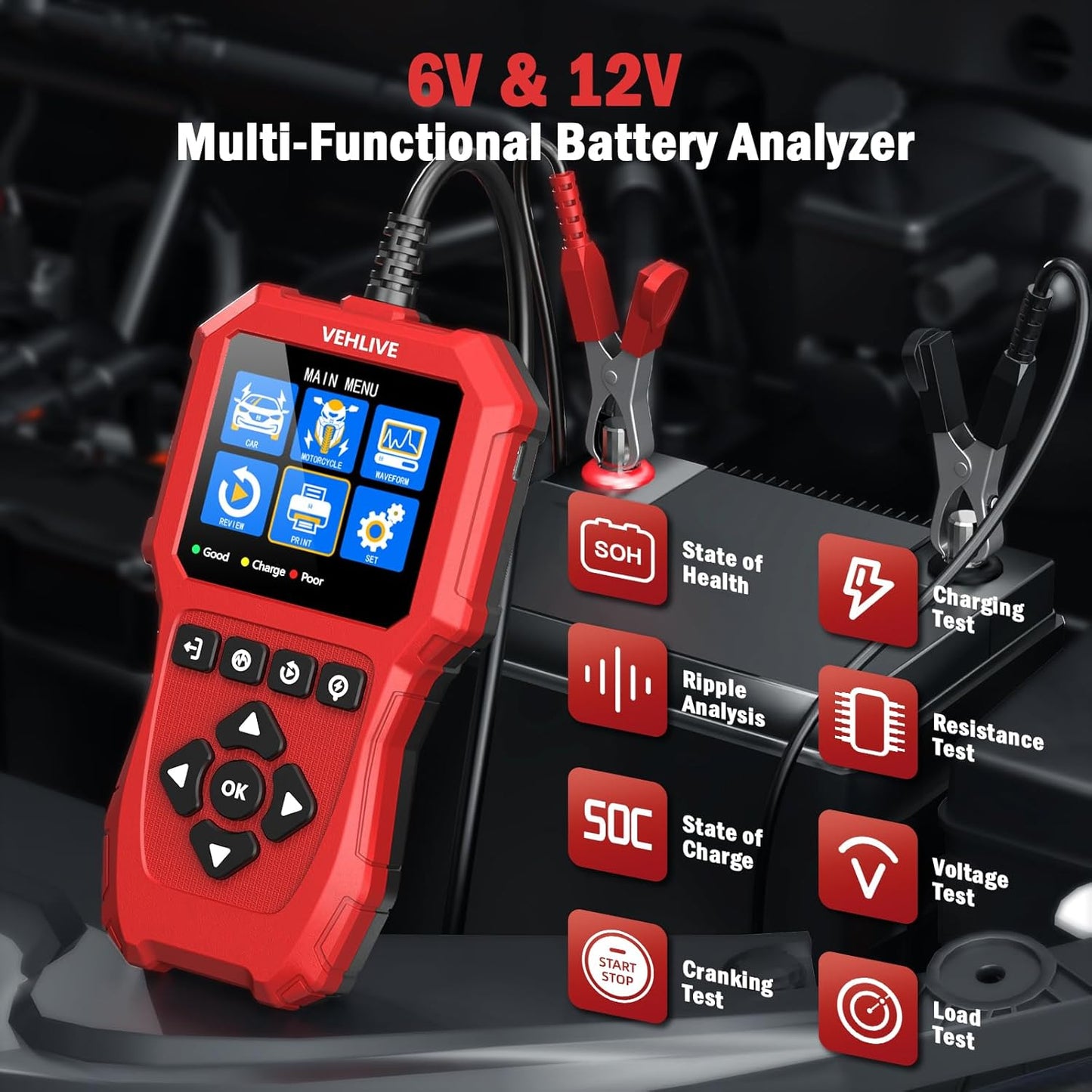 Car Battery Tester 6V 12V, 5-3000CCA Battery Load Tester, Automotive Alternator Tester Digital Auto Battery Analyzer Charging Cranking System Tester for Car Truck Motorcycle SUV ATV Boat Yacht