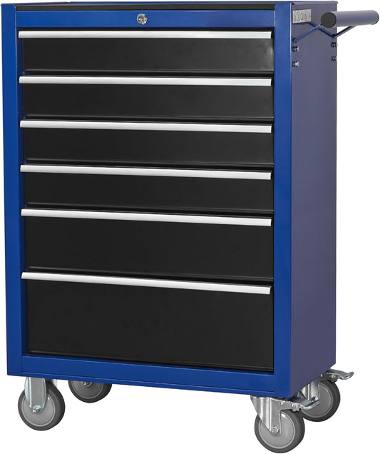 6-Drawer Rolling Tool Chest Cabinet, Large Capacity Metal Tool Box with Wheels and Locking, Roll Around Storage Organizer Tool Cart for Garage, Warehouse, Work Shop - Blue