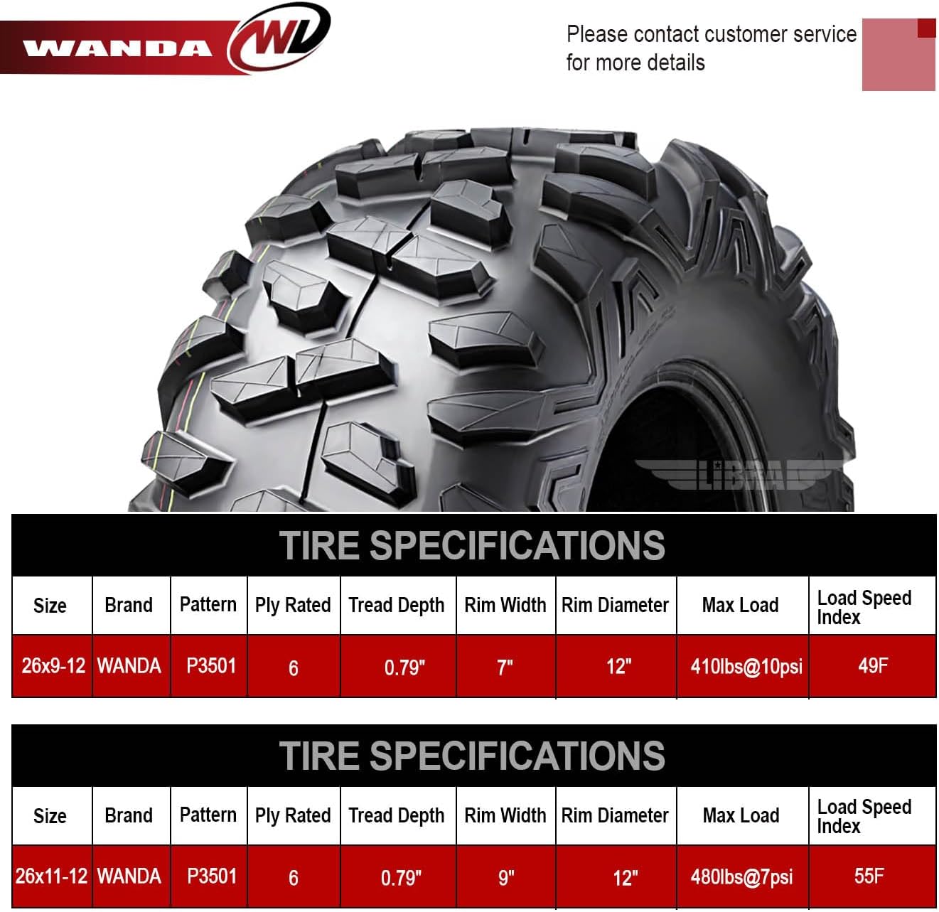 WANDA 26x9-12 & 26x11-12 Full Set ATV Tires for 15-17 Kawasaki Mule Pro FX/FXT/DX/DXT