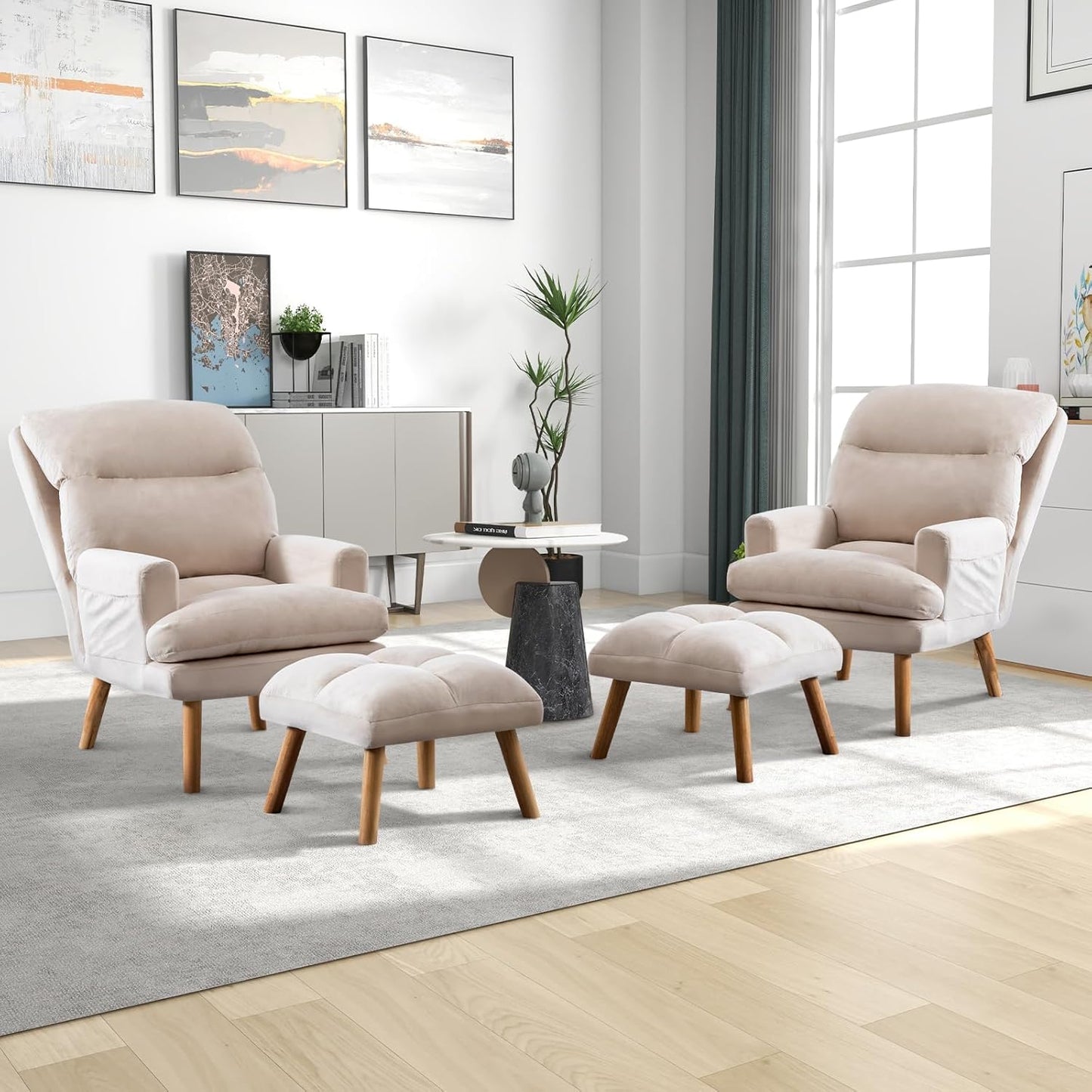 CANMOV Modern Accent Chair with Ottoman Set of 2, Soft Fabric Armchair with Adjustable Backrest and Side Pockets, Comfy Lounge Chair for Living Room, Bedroom, Apartment, Office, Camel