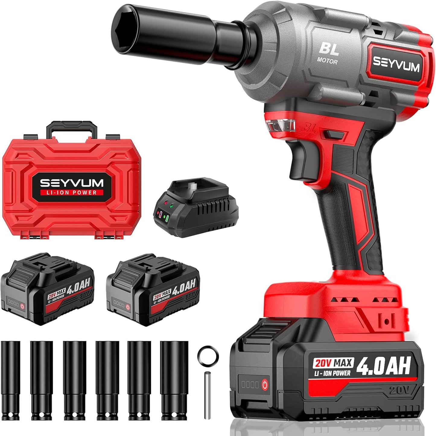 SEYVUM Impact Wrench,1/2" Impact Gun, Power Impact Driver Max Torque 320 Ft-lbs (430N.m), Cordless Impact Wrench with 20V Brushless Motor, 4.0Ah Li-ion Battery with Fast Charger, 4 Pcs Impact Sockets