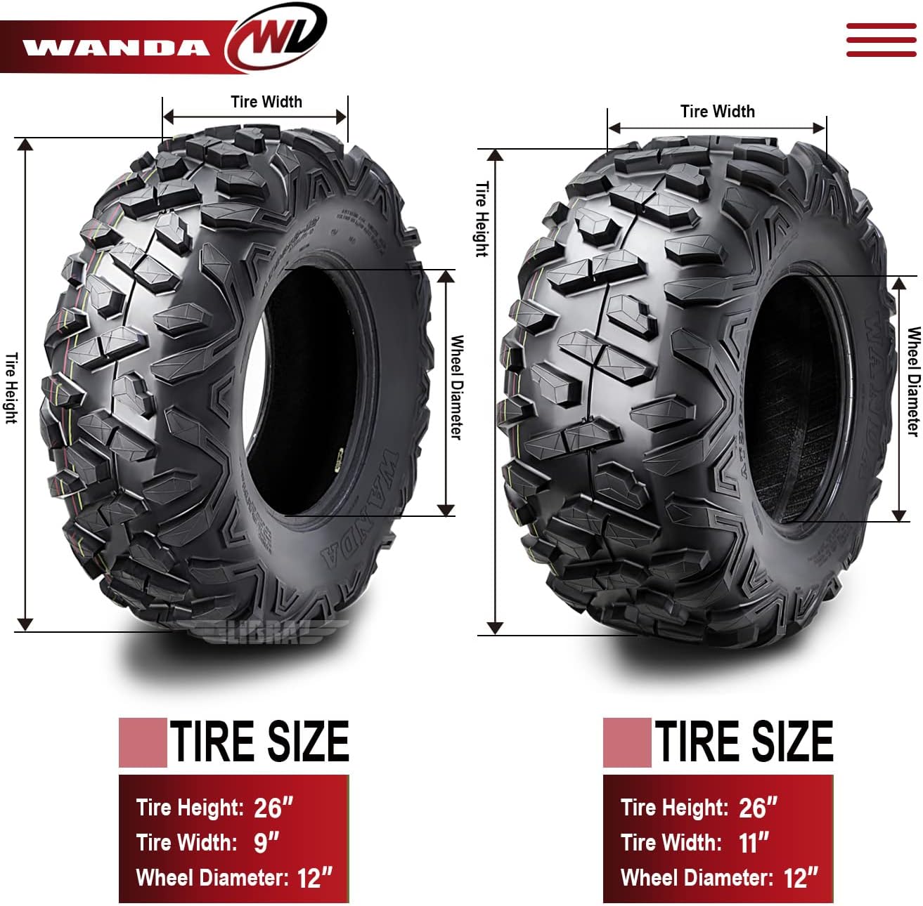 WANDA 26x9-12 & 26x11-12 Full Set ATV Tires for 15-17 Kawasaki Mule Pro FX/FXT/DX/DXT