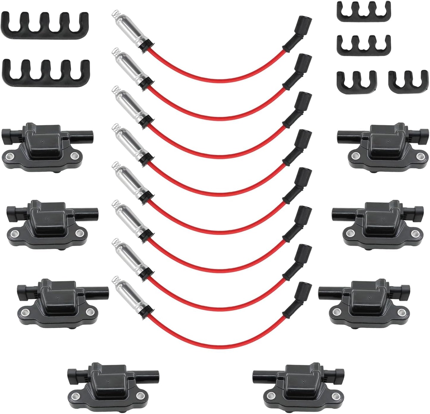 Set of 8 UF414 Round Ignition Coil Set with 41-962 Spark Plugs & 12192192 748UU Spark Plug Wires Set, Compatible with Chevrolet Chevy GMC 1500 2500 3500 4.8L 5.3L 6.0L, Replace C1512 D514A E894 IC534