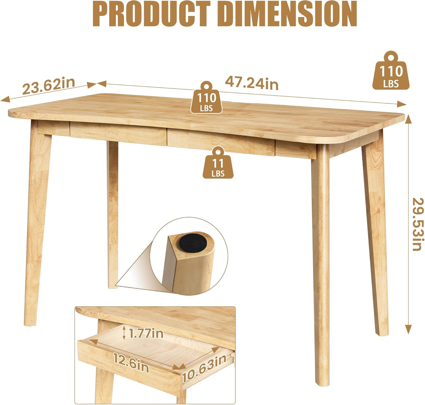 100% Solid Wood Desk with Drawers - 48 x 24 Inch Home Office Computer Desks, Modern Writing Desk with Drawers, Simple Study Table Makeup Vanity - Natural Boho Desks