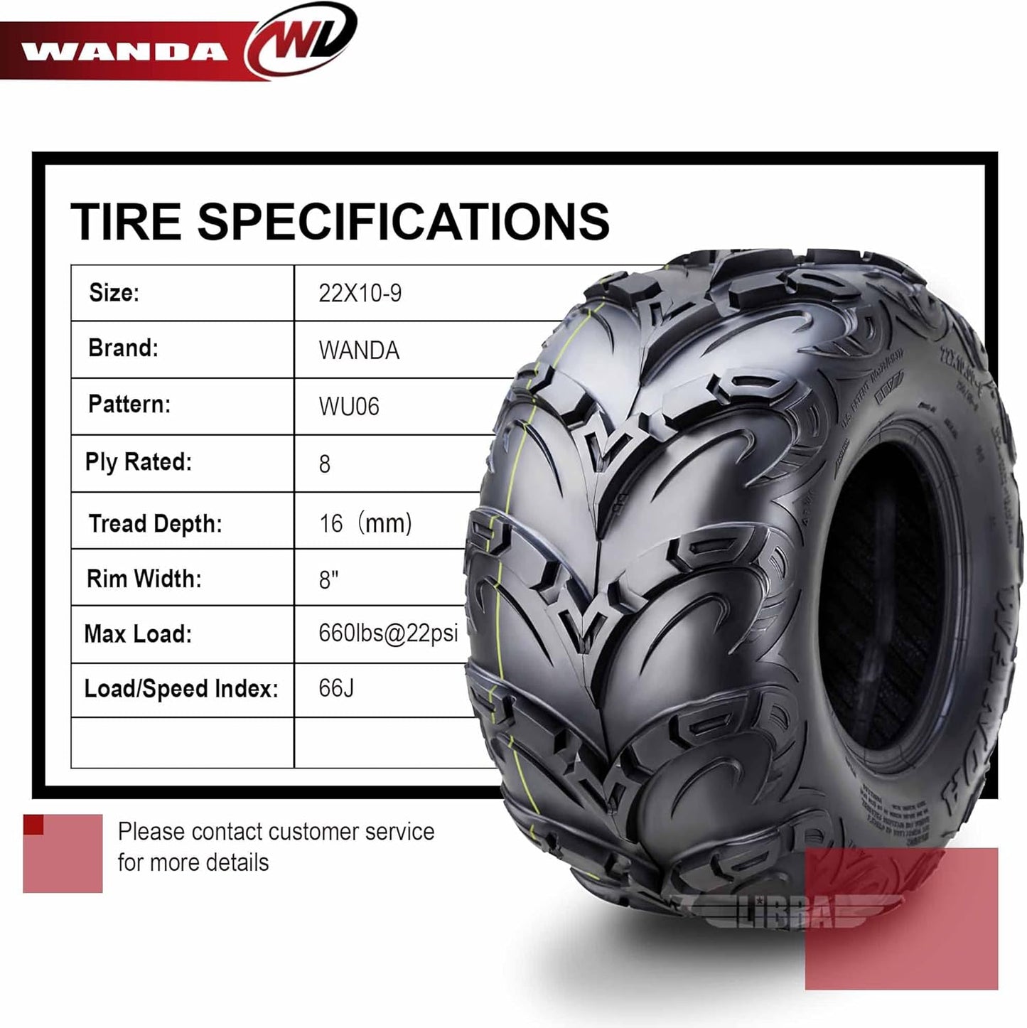 WANDA Performance 8 Ply ATV Tires 22x10-9 Mud Sling fit Honda Recon Suzuki Ozark 250, Set 2