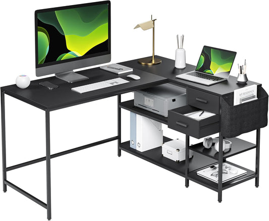 Techni Mobili Modern L-Shaped Desk with Storage, Corner Computer Desk for Home & Office with, 2 Drawers, Open Storage Shelves, Fabric Organizer & Sturdy Metal Frame, Black