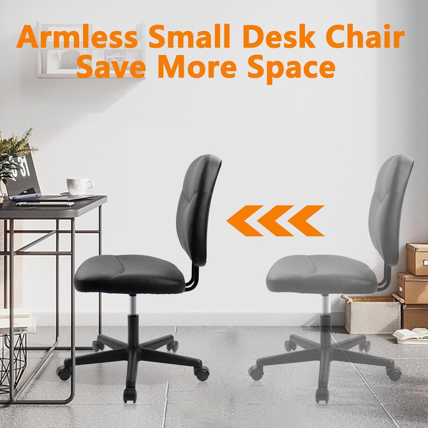 CLATINA Armless Home Office Chair,Small PU Leather Ergonomic Low Back Desk Chair with Lumbar Support and Wheels, Adjustable Height 360° Swivel Rolling Computer Task Chair, Black, 8 Pack