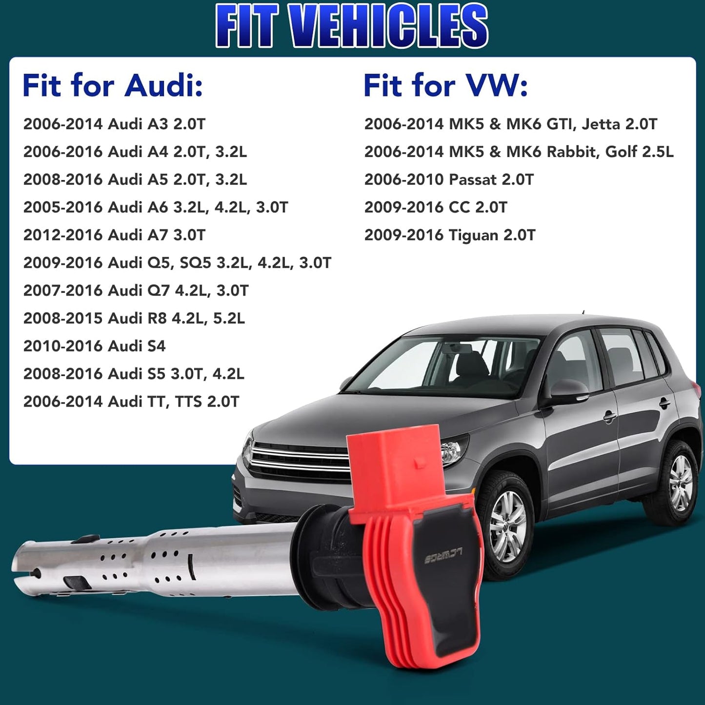 Set of 4 Ignition Coils Fits for 2.0T Audi A4 A6 Volkswagen VW CC Passat GTI 2008 2009 2010 2011 2012 2013 2014 2015 2016 2.0 Coil Packs Replaces# 06E905115E 06H905115B UF529