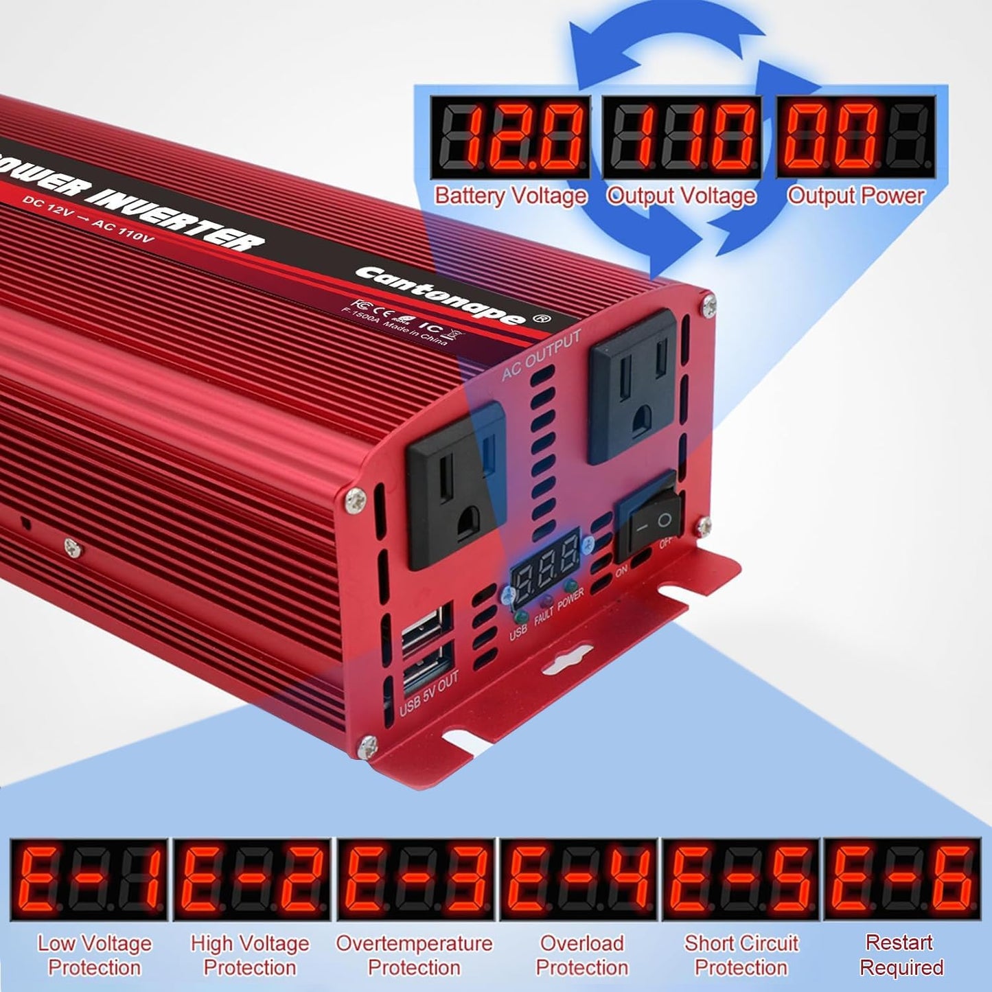 1500W/3000W(Peak) DC 12V to 110V/120V AC Power Inverter with Dual AC Outlets Dual 3.1A USB Car Adapter and Cigarette Lighter for Car Home Truck Outdoor Red