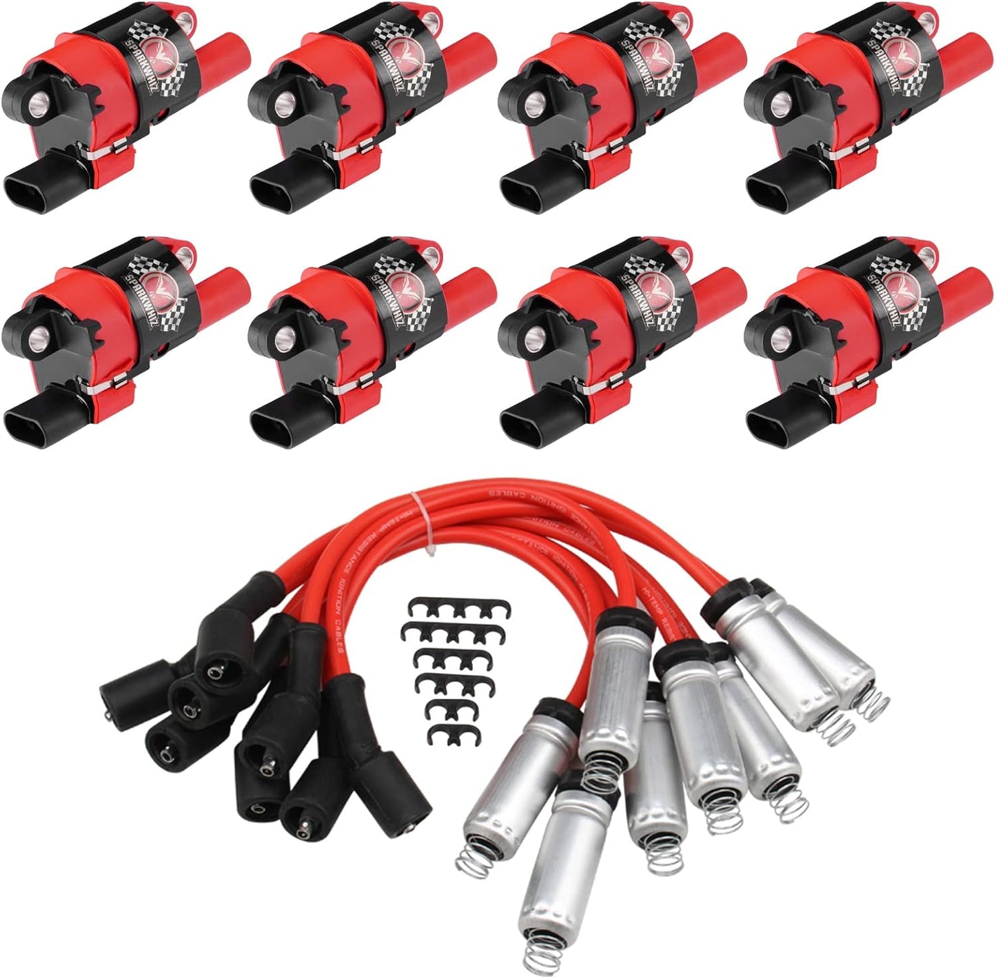 Set of 8 Round Ignition Coil UF414 + 748UU Spark Plug Wire Set, Compatible with Chevrolet GMC Pontiac Impala Corvette Tahoe Express Escalade Silverado 1500 2500 3500, Replacement for C1512 UF414 D514A