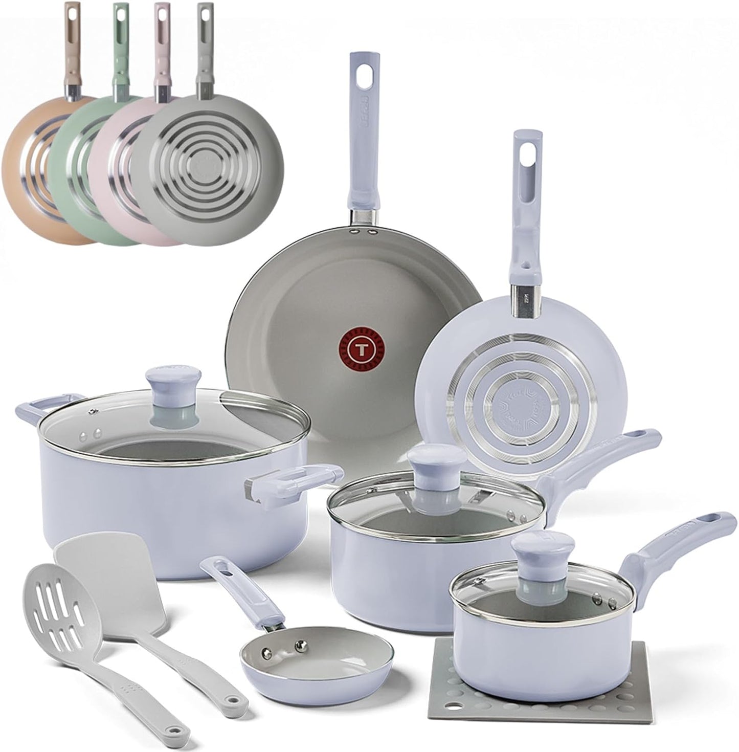 T-Fal Refresh Ceramic Nonstick Cookware Set, 12-Piece Ceramic Pots and Pans Set, Includes Stockpot, Griddle, Frying Pans, Utensils, Moon Grey