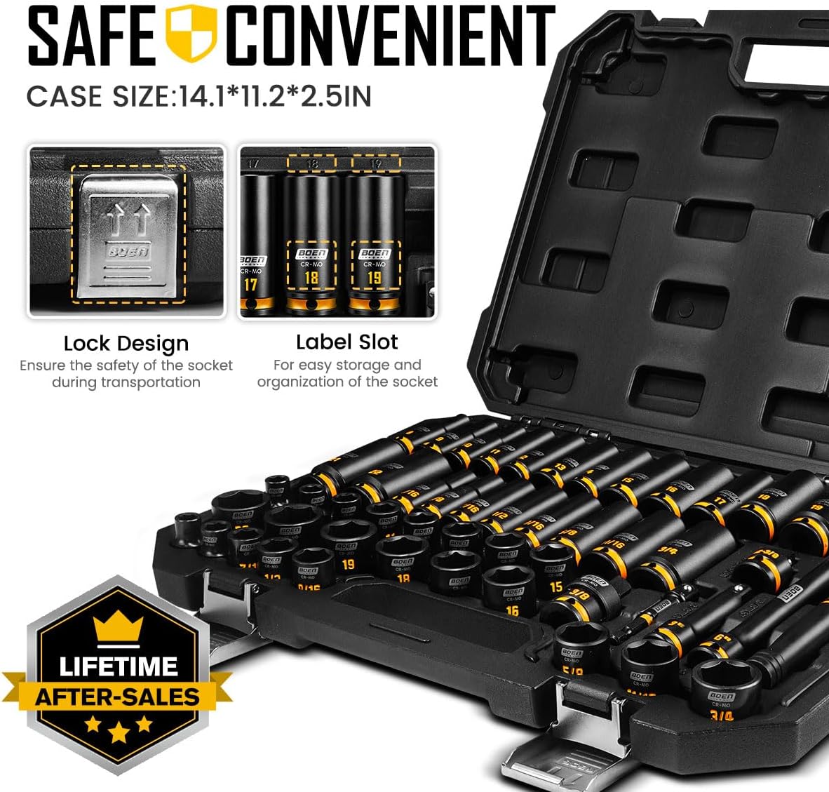 boen 3/8'' Drive Impact Socket Set, 50PCS Standard SAE (5/16 to 3/4 inch) and Metric (8mm-22mm), Deep & Shallow Size, 6-Point with Yellow Embossed Marking, CR-MO