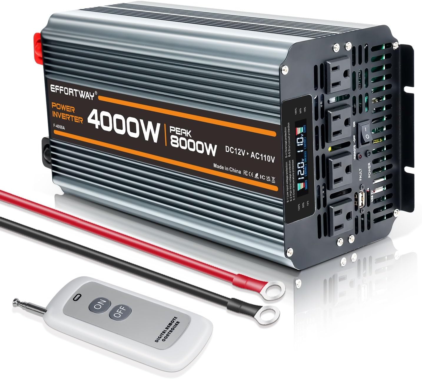 2000W Power Inverter 4000W (Peak). 12V DC to 110V/120V AC Converter with LCD Display, 2 AC outlets, 2 USB, 2000w Inverter for Camping RV Travel Outdoor Truck Off-Grid Solar inverters