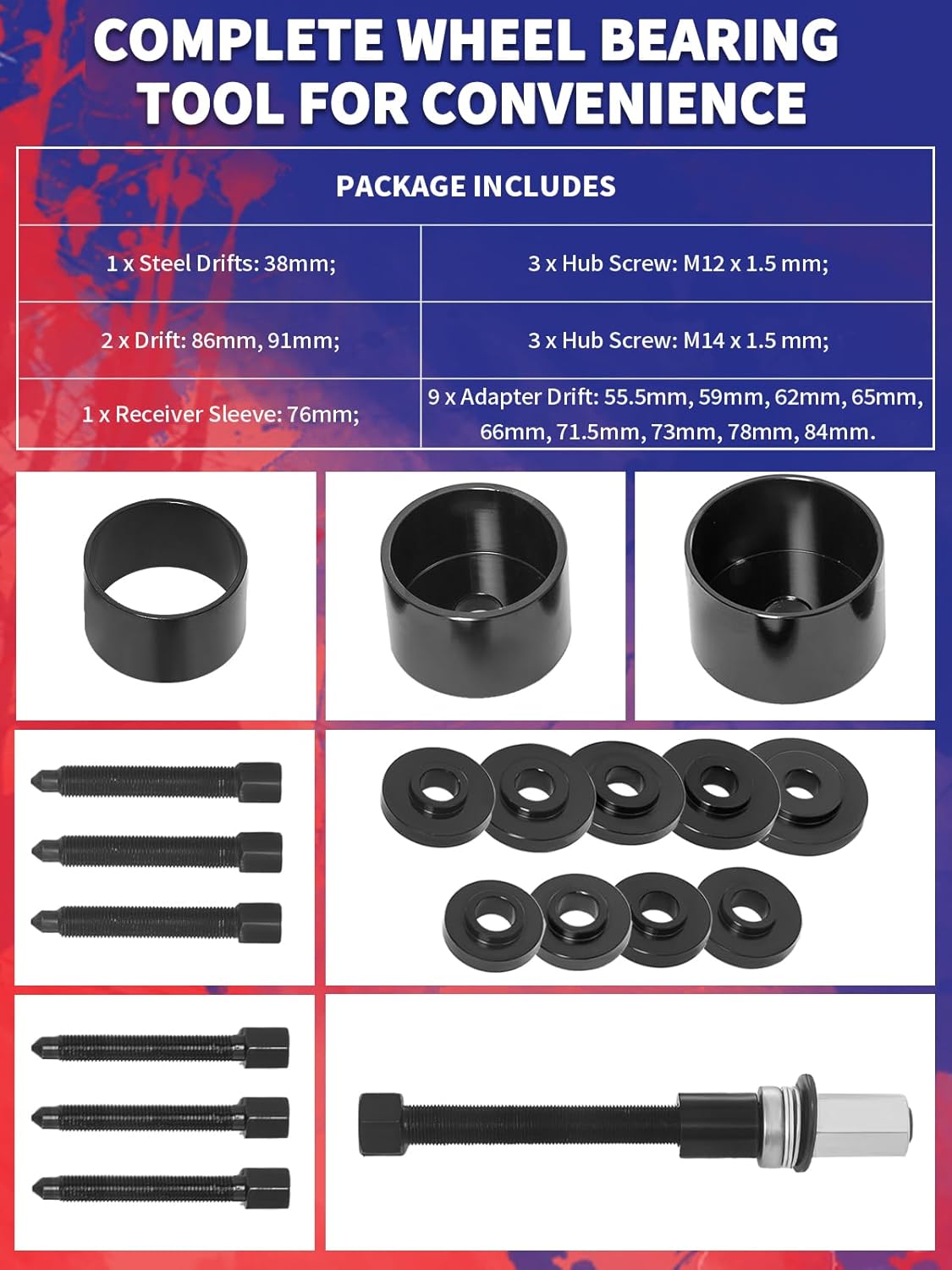 Wheel Bearing Removal Kit 19PCS Front Wheel Drive Bearing Removal Installation Service Tool