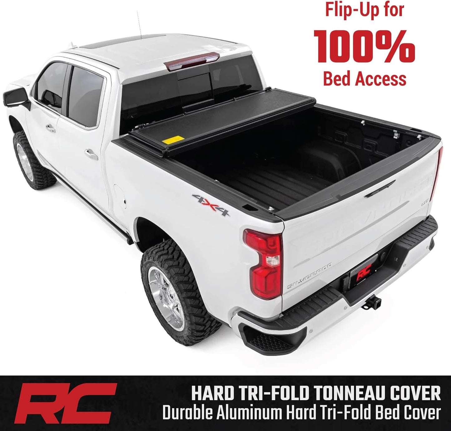 Rough Country Hard Tri-Fold Tonneau Cover for Chevy Silverado & GMC Sierra 1500 (2019-2025) - Low-Profile Aluminum Truck Bed Cover, Fits 5'10 Bed (69.9")