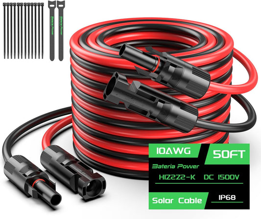 50FT 10AWG Solar Panel Extension Cable, 6mm² Solar Extension Cable Wire with Female & Male Waterproof Connectors for RV, Photovoltaic Systems, Set of 2