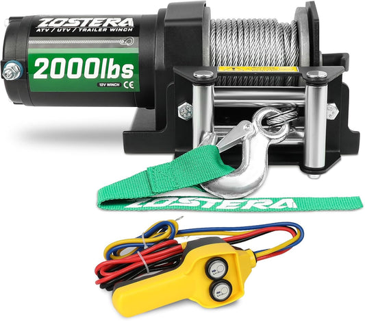 2000lb Winch for ATV, with Steel Cable,ATV Winch with Wired Manual Remote Control Switch,IP65 Waterproof,with Mounting Plate,with Roller Fairlead&Hook