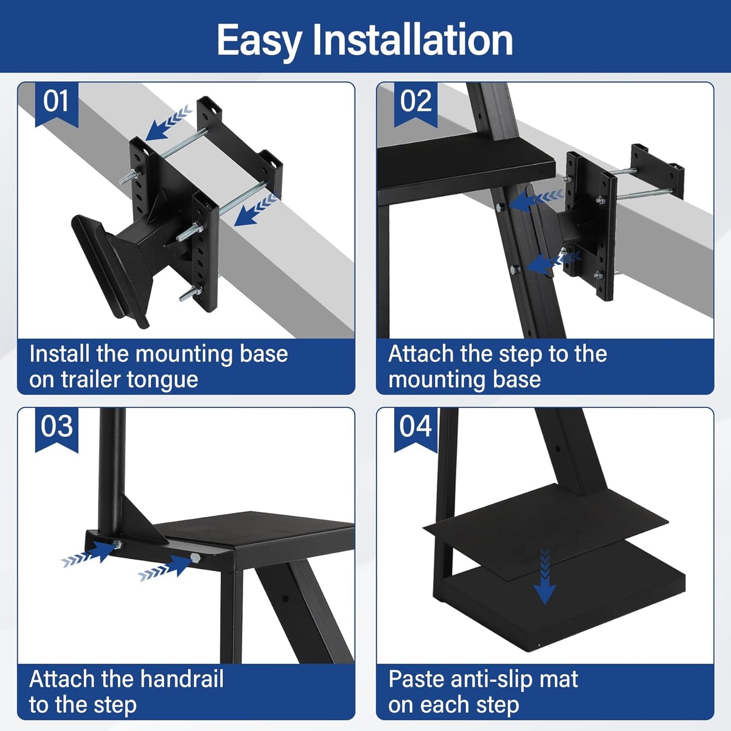 Boat Trailer Steps 3 Step w/Anti-Slip Mat & Handrail, 400LBS Capacity Boat Steps, Universal Fit Boat Trailer Tongue Steps, Flexible Step Height Installation, Easy Assembly & Safe Access