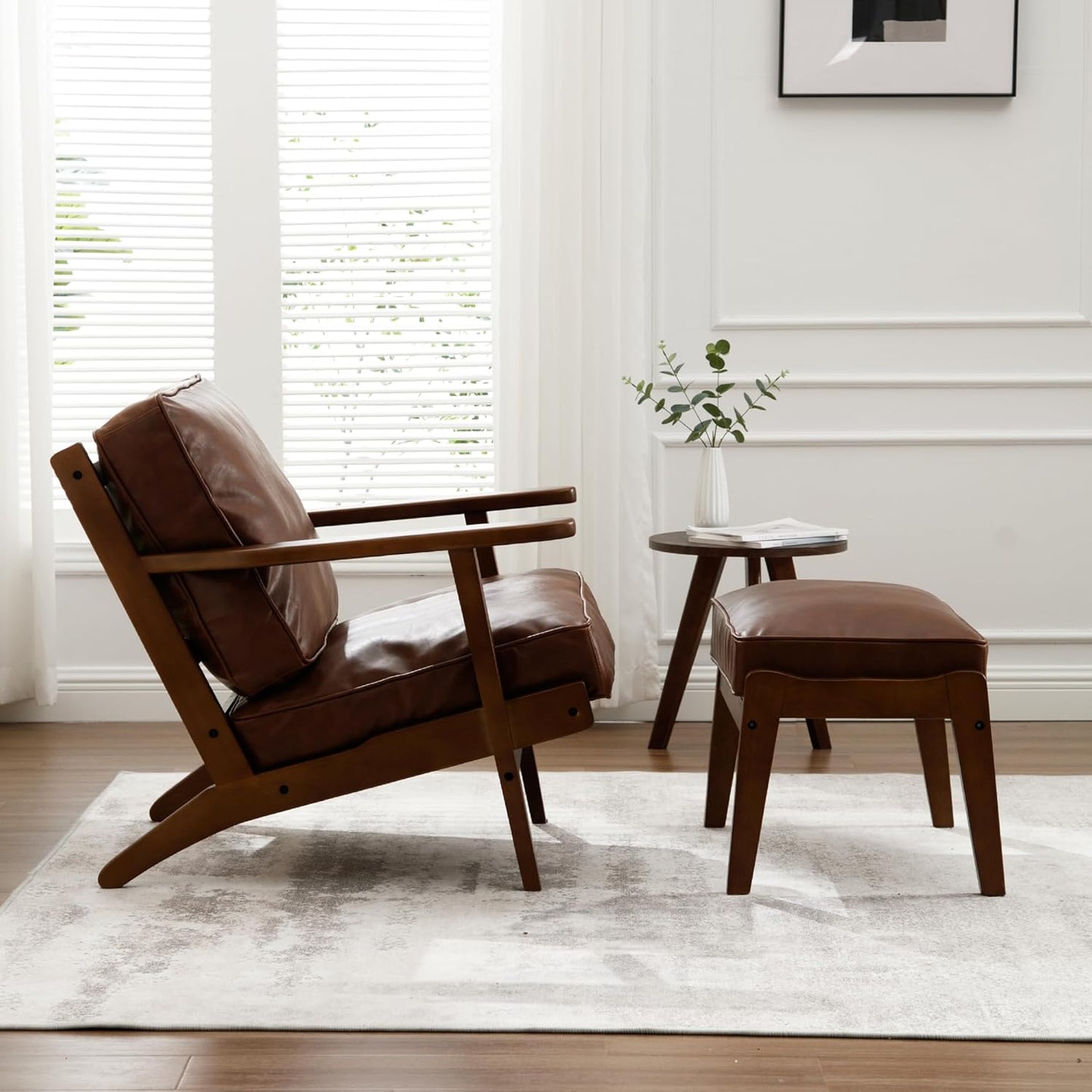 Comfy Accent Chair with Ottoman, PU Faux Leather Living Room Reading Chair Armchair, Upholstered Side Chair Mid Century Modern Sofa Lounge Chair for Bedroom/Guest Room, Brown